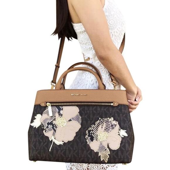 Michael Kors Handbags - NEW RARE Michael Kors Hailee Kellen Medium Satchel Brown MK Floral Petal Stud